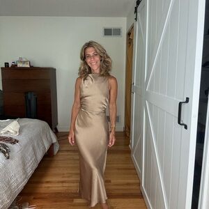 Aritzia Tan Satin Maxi Dress